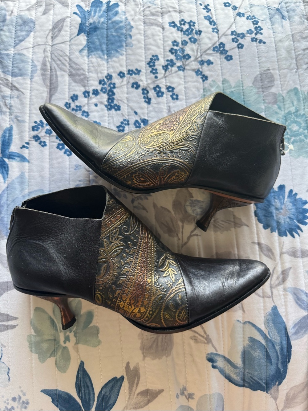 Women's Black Leather Ankle Boots with Gold Paisley Accent
